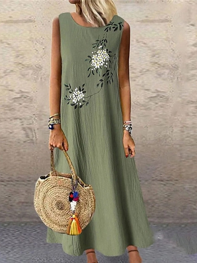 Women's Casual Dress Cotton Dress Maxi long Dress Cotton Blend Basic Modern Outdoor Daily Vacation Crew Neck Print Sleeveless Summer Spring 2023 Loose Fit Blue Green Gray Flower M L XL 2XL 3XL - LuckyFash™