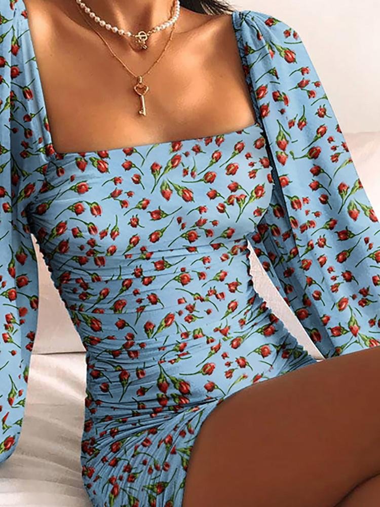 Ruched Lantern Sleeve Solid Bodycon Dress - LuckyFash™