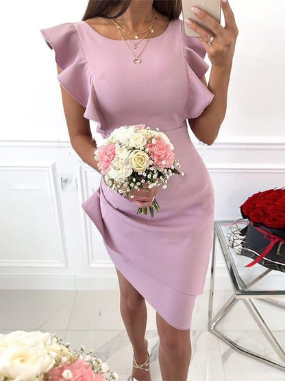 Ruffles Trim Sleeve Irregular Hem Sloid Mini Dress - LuckyFash™