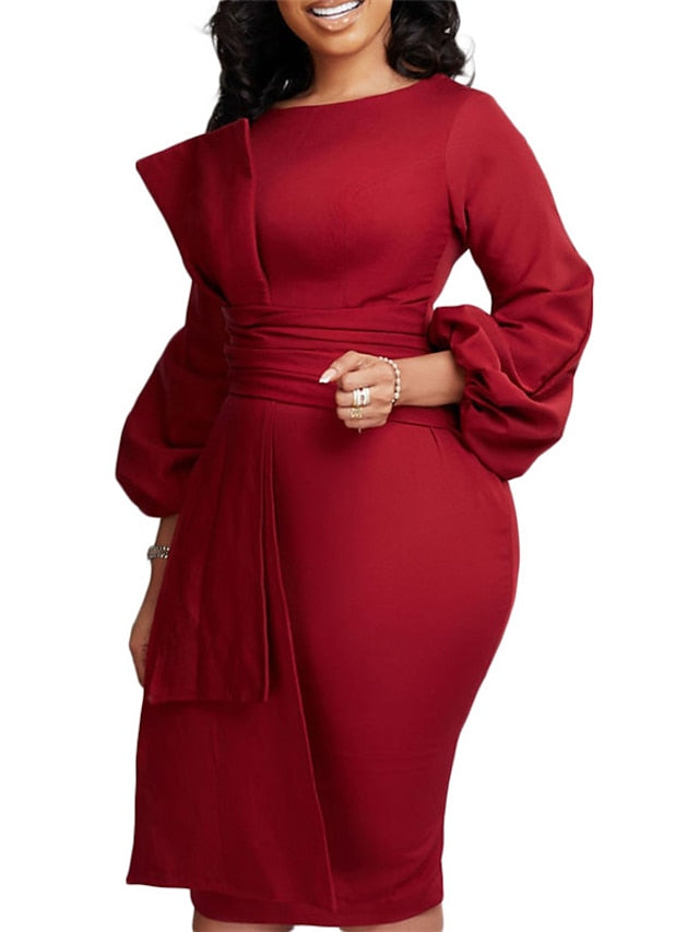 Women's Work Dress Sheath Dress Church Dress Midi Dress Black White Red Long Sleeve Pure Color Ruffle Winter Fall Spring Crew Neck Fashion 2023 S M L XL 2XL 3XL - LuckyFash™