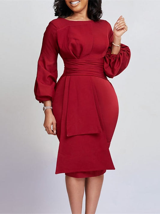 Women's Work Dress Sheath Dress Church Dress Midi Dress Black White Red Long Sleeve Pure Color Ruffle Winter Fall Spring Crew Neck Fashion 2023 S M L XL 2XL 3XL - LuckyFash™