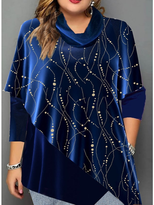 Women's Blouse Blue Graphic Ruched Print 3/4 Length Sleeve Vacation Going out Elegant Holiday Crew Neck Velvet Plus Size L - LuckyFash™