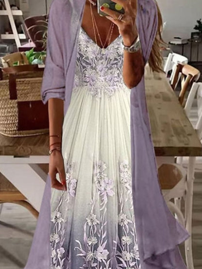 Womenâ€˜s A Line Dress Maxi long Dress Purple Long Sleeve Floral Color Gradient Ruched Print Fall Spring V Neck Elegant Casual 2023 S M L XL XXL 3XL / Loose - LuckyFash™