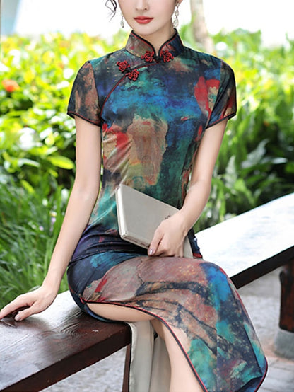 Women's Bodycon Sheath Dress Cheongsam Dress Midi Dress Red Blue Gold Short Sleeve Floral Split Spring Summer Stand Collar Elegant Weekend 2023 M L XL XXL 3XL 4XL 5XL - LuckyFash™