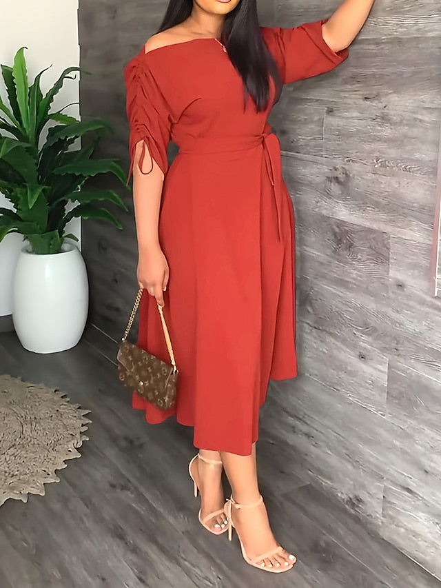 Women's Work Dress Swing Dress Semi Formal Dress Fashion Midi Dress Lace up Off Shoulder Long Sleeve Plain Loose Fit Black Red Blue Summer Spring S M L XL - LuckyFash™