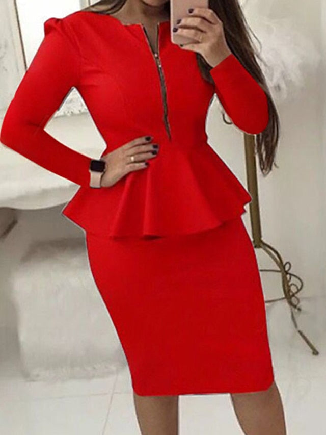 Women's Bodycon Sheath Dress Church Dress Midi Dress Black Yellow Red Long Sleeve Pure Color Ruffle Winter Fall Autumn Crew Neck Work Winter Dress Weekend Fall Dress 2023 S M L XL XXL - LuckyFash™