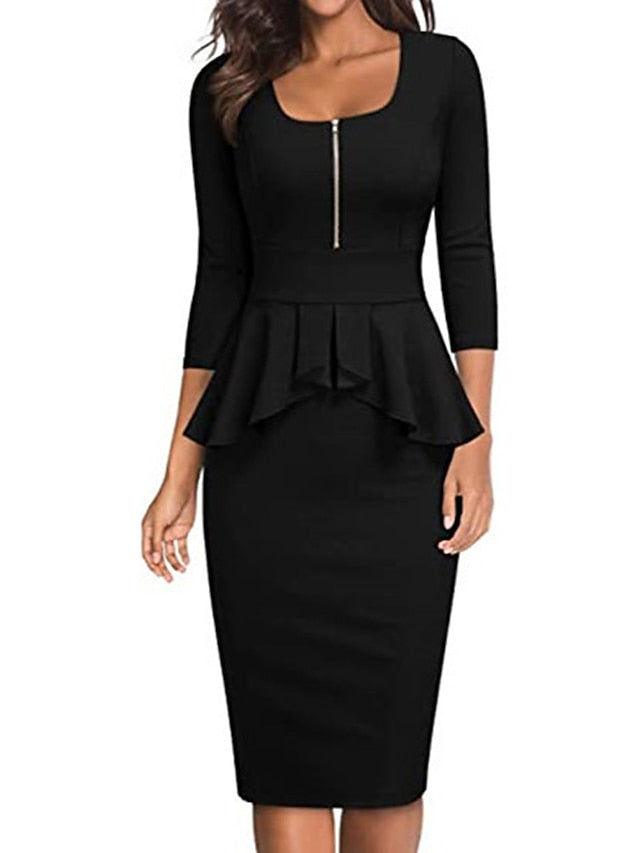 Women's Work Dress Sheath Dress Semi Formal Dress Elegant Midi Dress Ruffle Zipper Square Neck 3/4 Length Sleeve Plain Regular Fit Black Wine Navy Blue Spring Summer S M L XL XXL - LuckyFash™