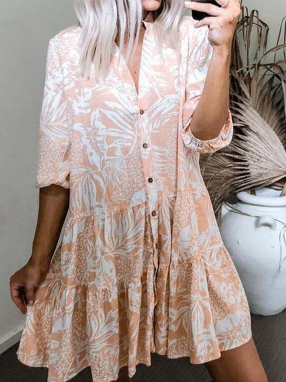 Shirt Collar Short Sleeve Printed Dress - LuckyFash™