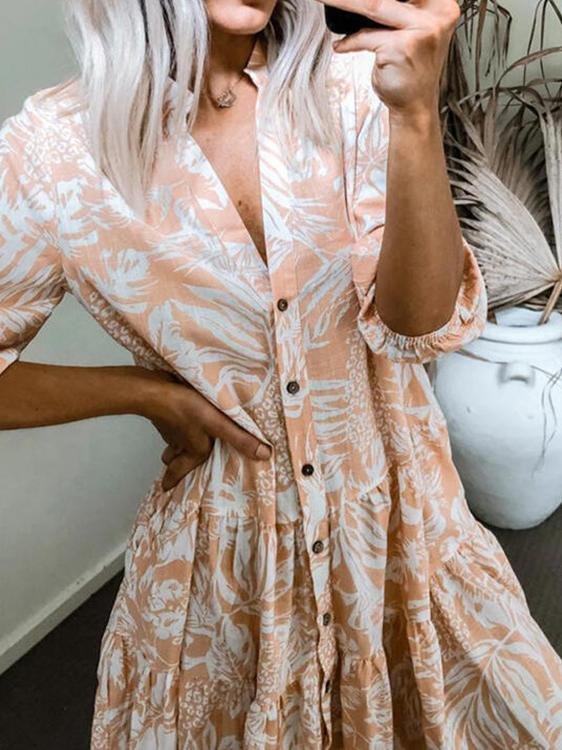 Shirt Collar Short Sleeve Printed Dress - LuckyFash™