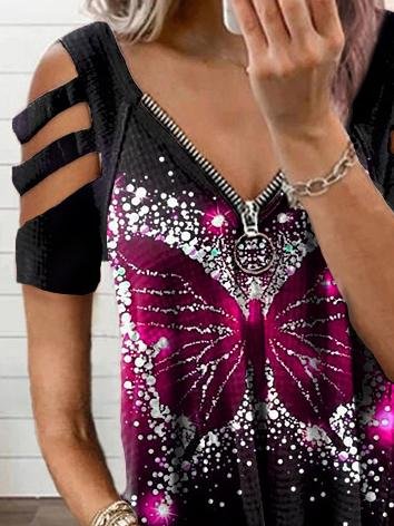 Short Sleeve Butterfly Print Zipper T-shirt - LuckyFash™