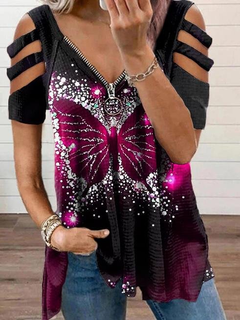 Short Sleeve Butterfly Print Zipper T-shirt - LuckyFash™