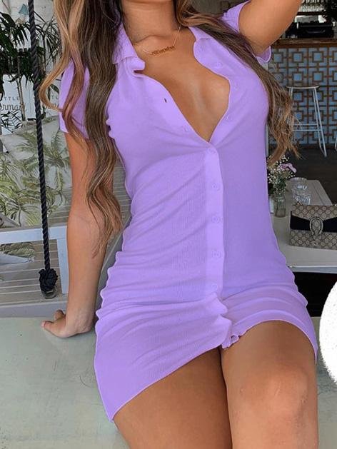 Short Sleeve Lapel Skinny Mini Dress - LuckyFash™