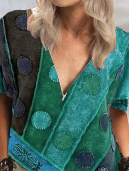 Short Sleeve Vintage Printed V Neck Zip T-shirt - LuckyFash™