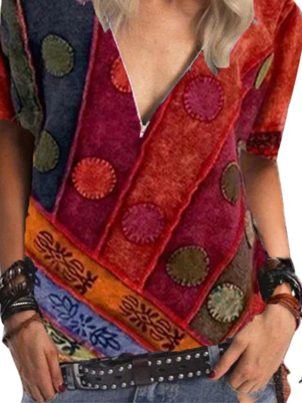 Short Sleeve Vintage Printed V Neck Zip T-shirt - LuckyFash™