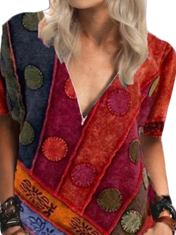 Short Sleeve Vintage Printed V Neck Zip T-shirt - LuckyFash™