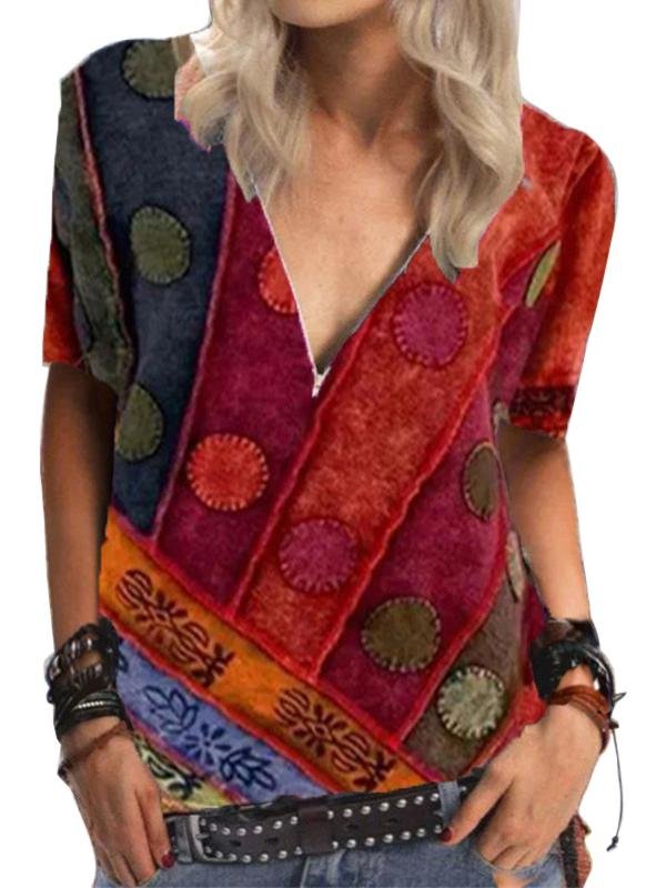 Short Sleeve Vintage Printed V Neck Zip T-shirt - LuckyFash™