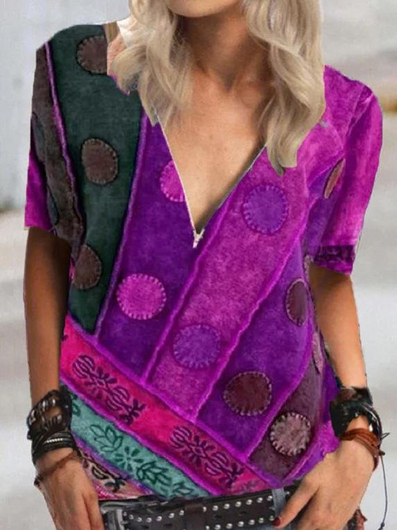 Short Sleeve Vintage Printed V Neck Zip T-shirt - LuckyFash™