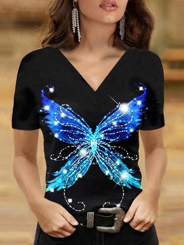 Short-sleeved Butterfly Elf V-neck T-shirt - LuckyFash™