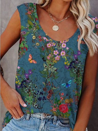 Women's Tank Top Blue Floral Butterfly Print Sleeveless Casual Holiday Basic U Neck Regular Floral S - LuckyFash™