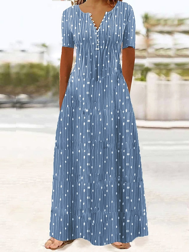 Women's Long Dress Maxi Dress Casual Dress A Line Dress Print Dress Graphic Streetwear Casual Daily Holiday Vacation Button Pocket Short Sleeve V Neck Dress Regular Fit Red Blue Dark Blue Summer - LuckyFash™