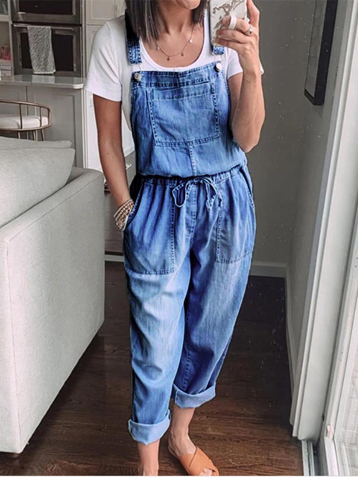 Simple Casual Drawstring Pocket Denim Jumpsuit - LuckyFash™