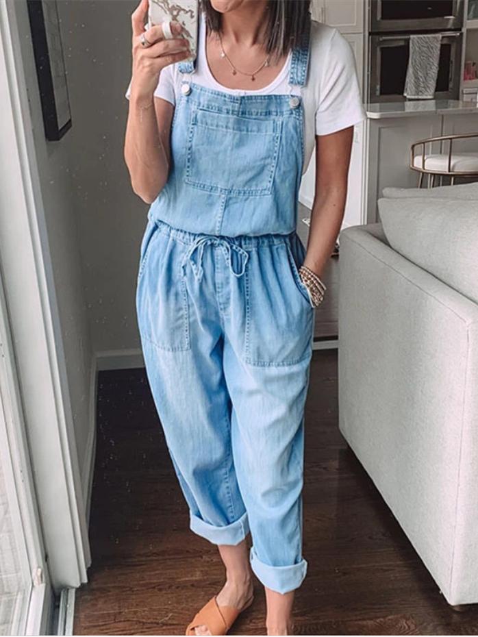 Simple Casual Drawstring Pocket Denim Jumpsuit - LuckyFash™