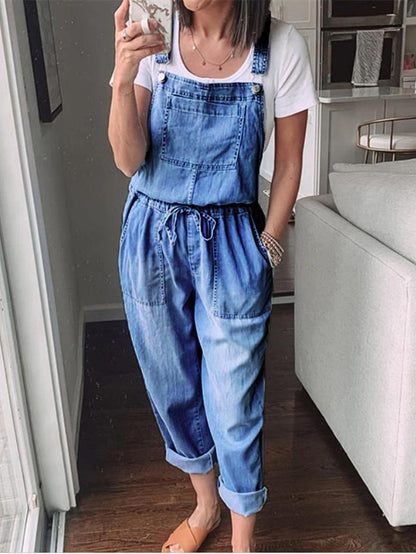 Simple Casual Drawstring Pocket Denim Jumpsuit - LuckyFash™