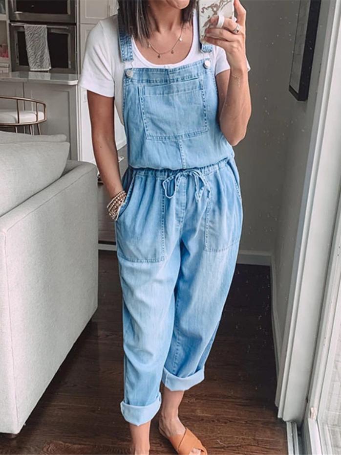 Simple Casual Drawstring Pocket Denim Jumpsuit - LuckyFash™