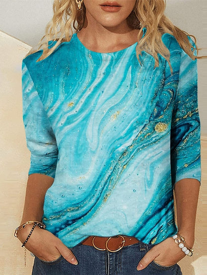 Women's T shirt Tee Light Green Pink Navy Blue Sparkly Print 3/4 Length Sleeve Daily Weekend Basic Round Neck Regular Abstract Painting S - LuckyFash™