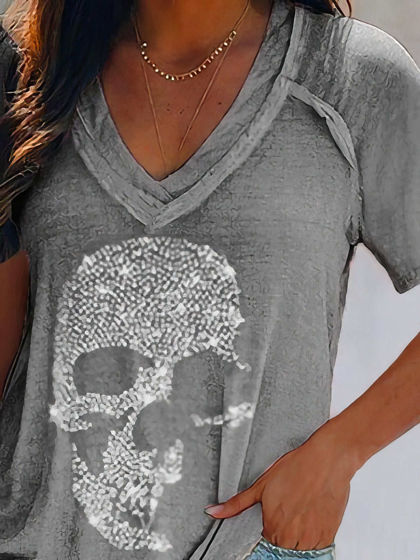 Skull Print Deep V-neck Pullover T-shirt - LuckyFash™