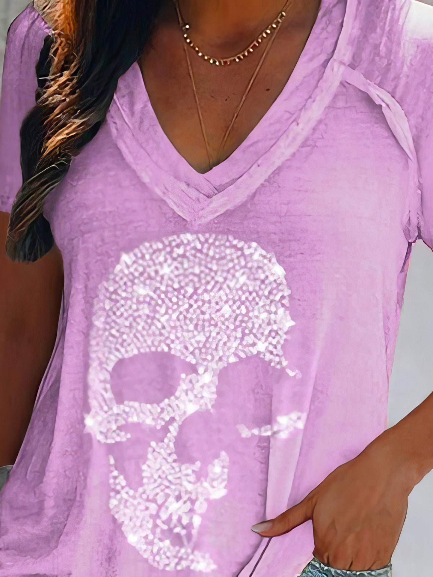 Skull Print Deep V-neck Pullover T-shirt - LuckyFash™