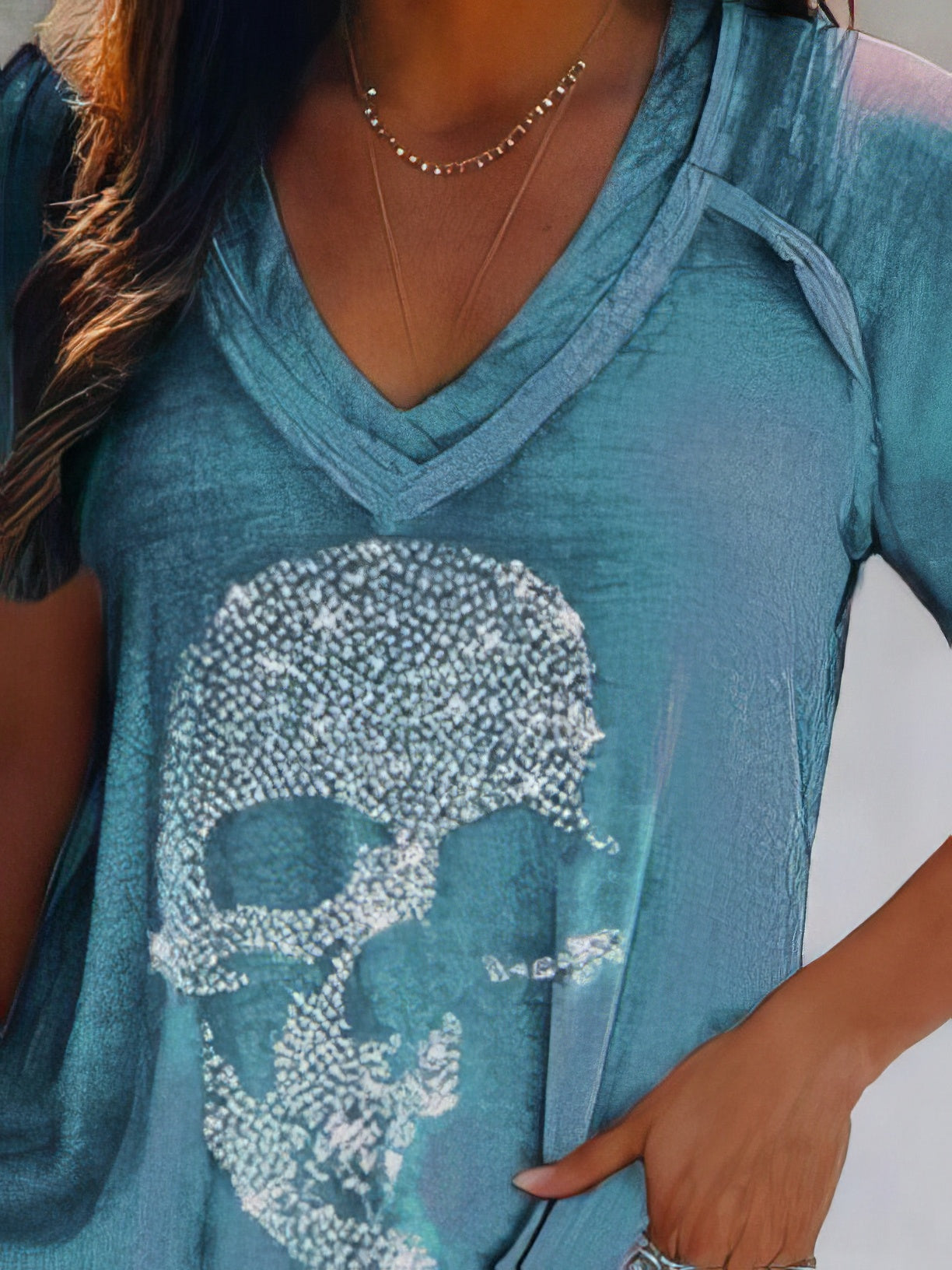 Skull Print Deep V-neck Pullover T-shirt - LuckyFash™