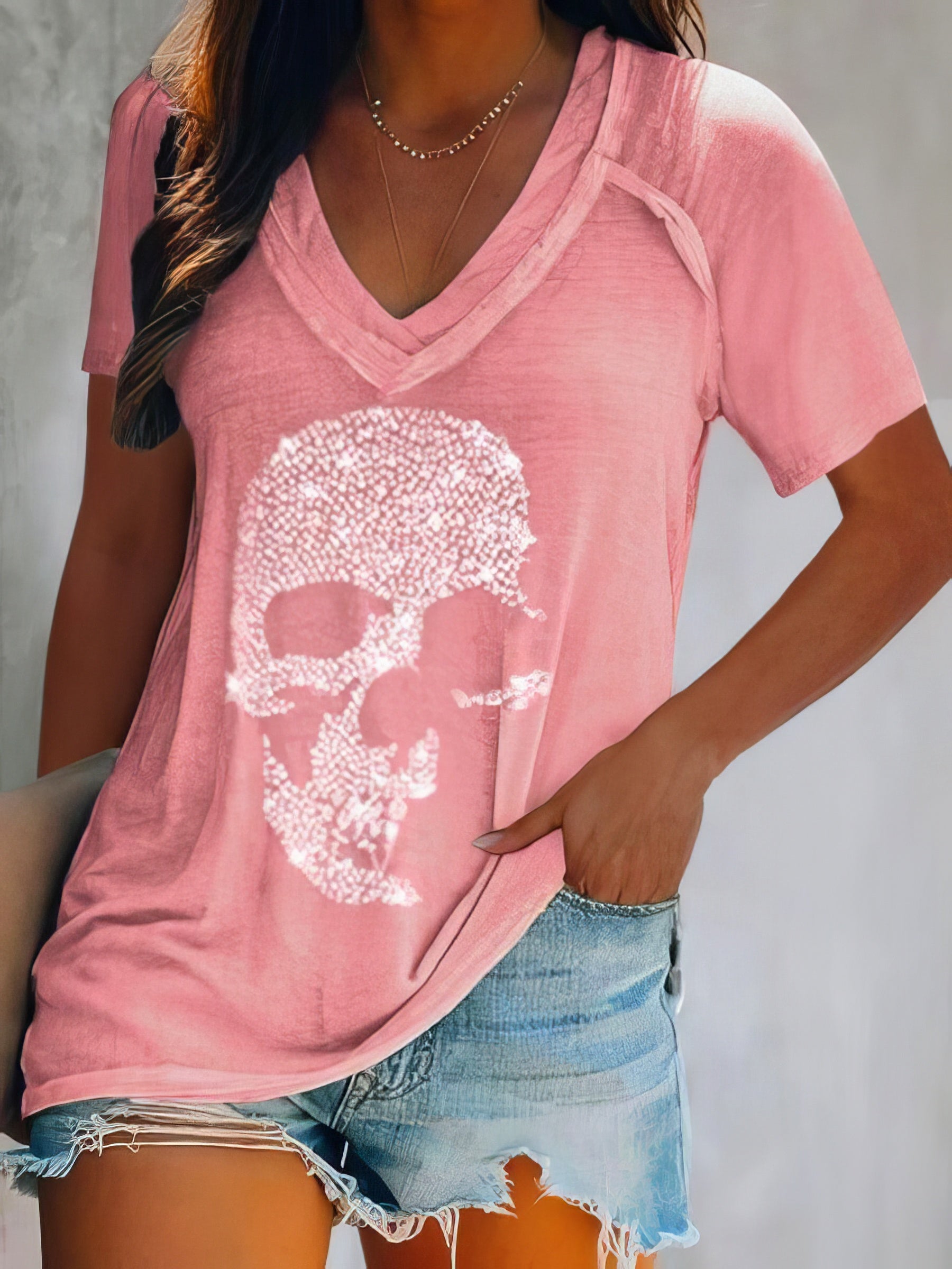 Skull Print Deep V-neck Pullover T-shirt - LuckyFash™