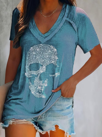 Skull Print Deep V-neck Pullover T-shirt - LuckyFash™