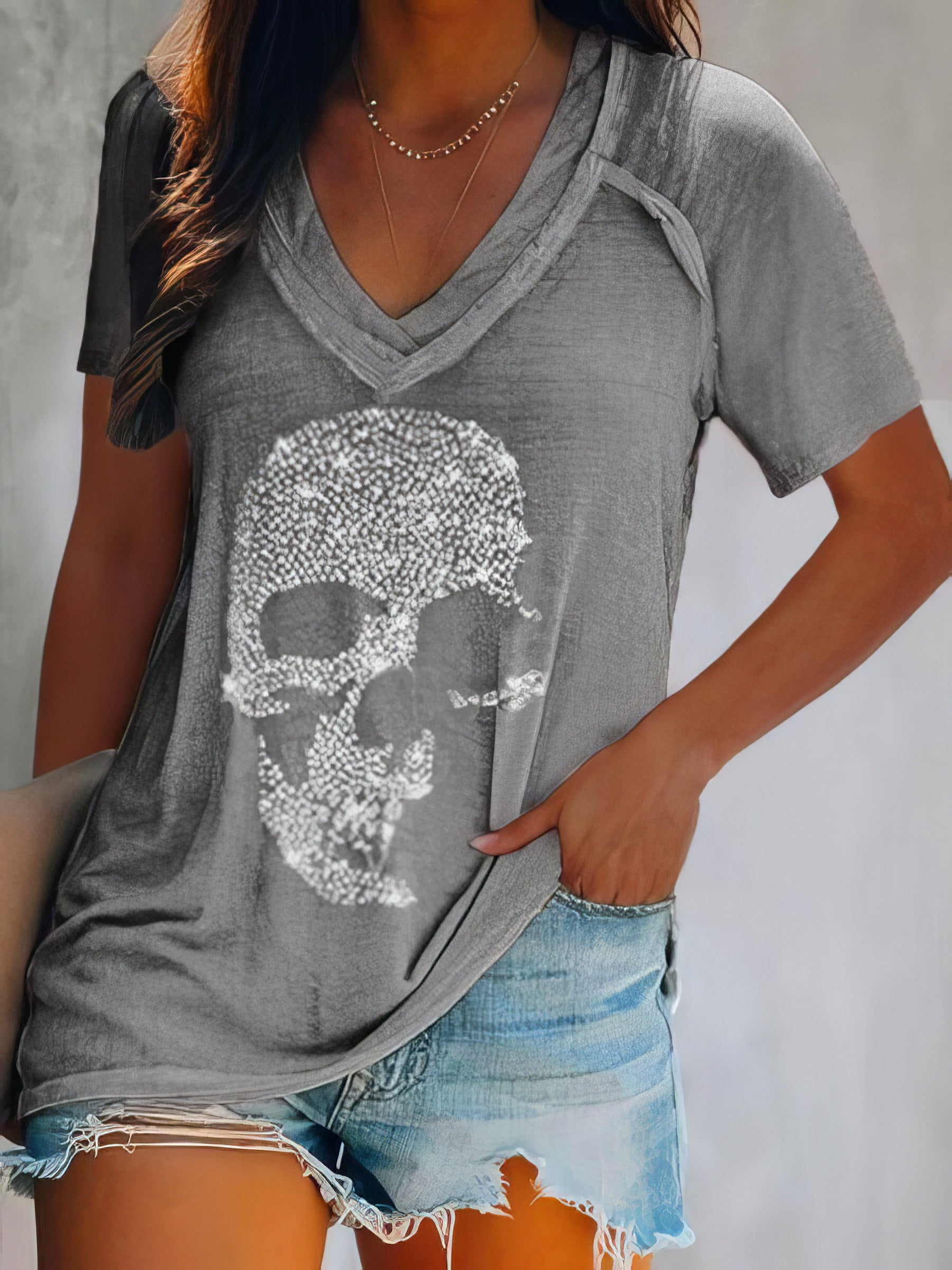 Skull Print Deep V-neck Pullover T-shirt - LuckyFash™