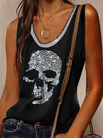 Skull Print Round Neck Loose Sleeveless T-shirt - LuckyFash™