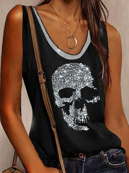 Skull Print Round Neck Loose Sleeveless T-shirt - LuckyFash™