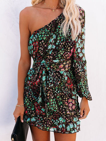 Slanted Shoulder Print Long Sleeve Dress - LuckyFash™