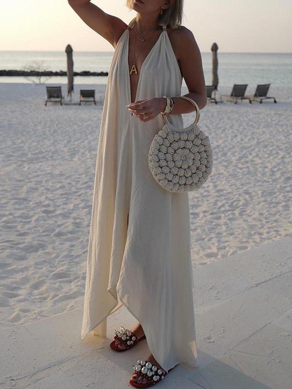 Sleeveless Halter Deep V Neck Dress - LuckyFash™