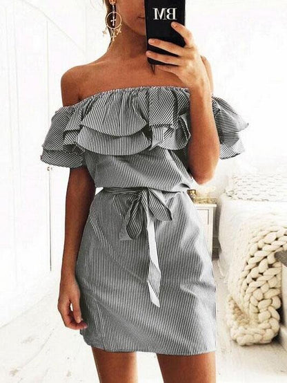 Slim-fit Lace-up Dress With Ruffled Stripes - LuckyFash™