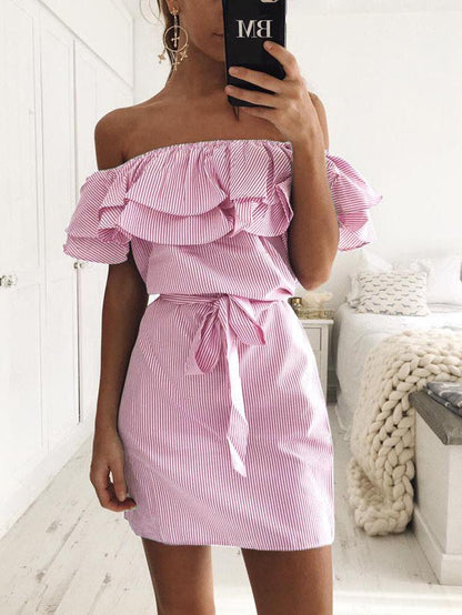 Slim-fit Lace-up Dress With Ruffled Stripes - LuckyFash™