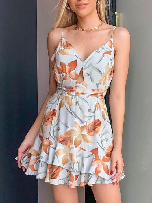 Sling Print V-neck Sleeveless Short Dress - LuckyFash™