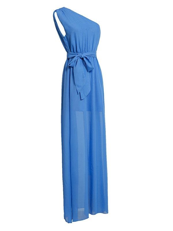 Solid Color One Shoulder Prom Dress With Belt - LuckyFash™