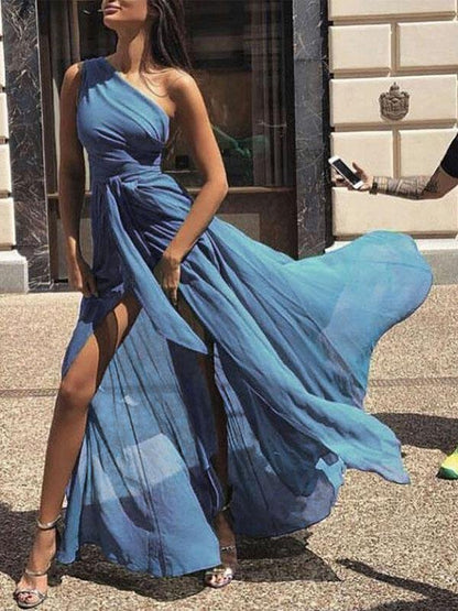 Solid Color One Shoulder Prom Dress With Belt - LuckyFash™