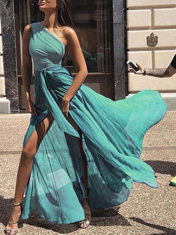 Solid Color One Shoulder Prom Dress With Belt - LuckyFash™