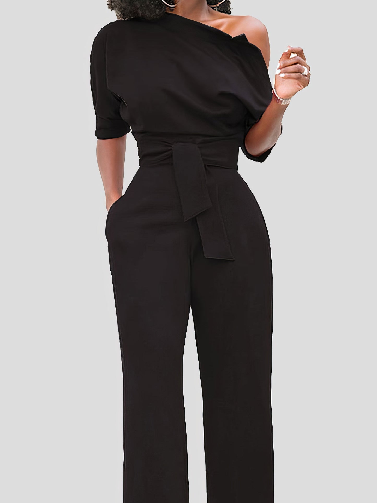 Solid Color One Shoulder Short Sleeve Jumpsuit - LuckyFash™