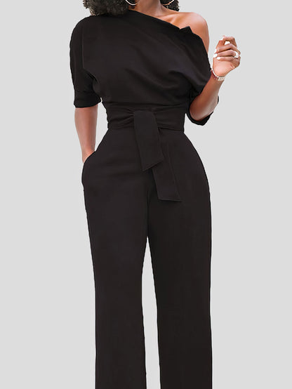 Solid Color One Shoulder Short Sleeve Jumpsuit - LuckyFash™