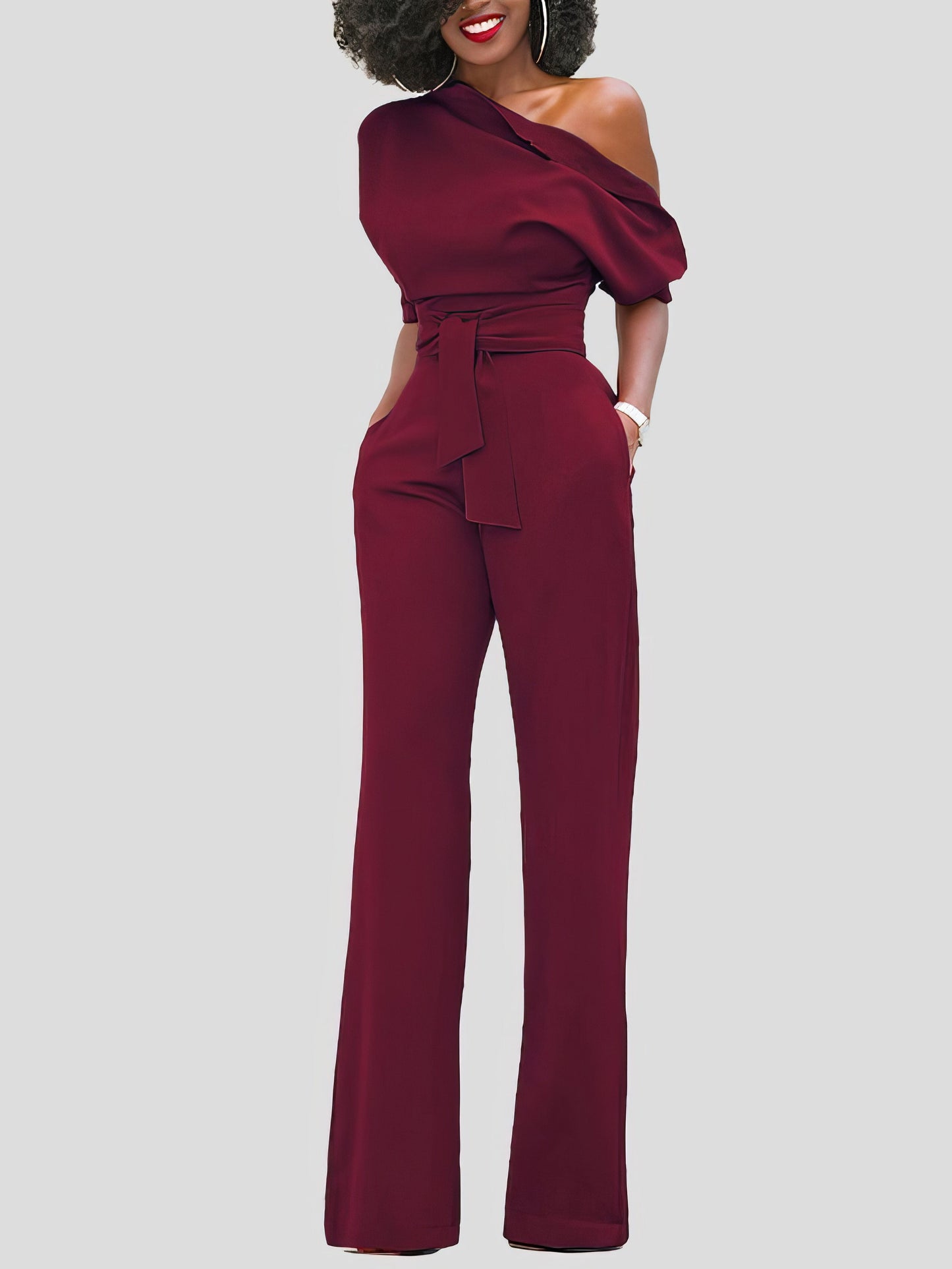 Solid Color One Shoulder Short Sleeve Jumpsuit - LuckyFash™
