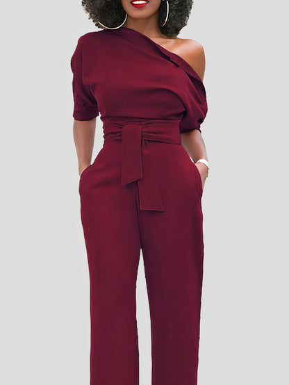 Solid Color One Shoulder Short Sleeve Jumpsuit - LuckyFash™