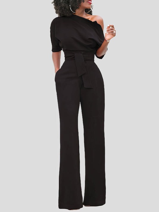 Solid Color One Shoulder Short Sleeve Jumpsuit - LuckyFash™